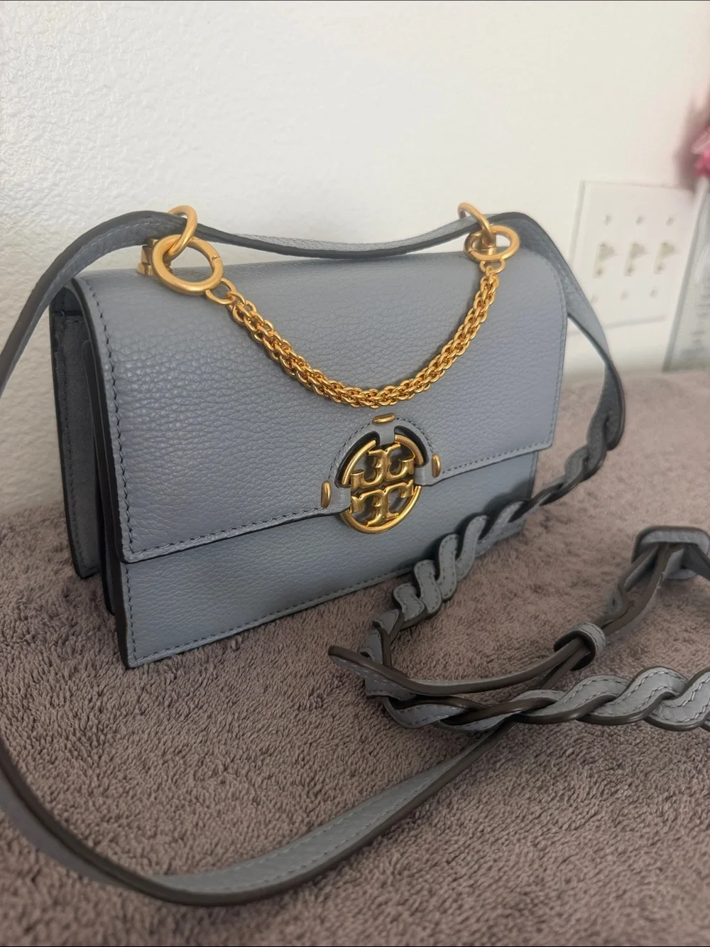 ✨Tory Burch ✨Gray Fleming Mini Crossbody with Gold Hardware in grey blue